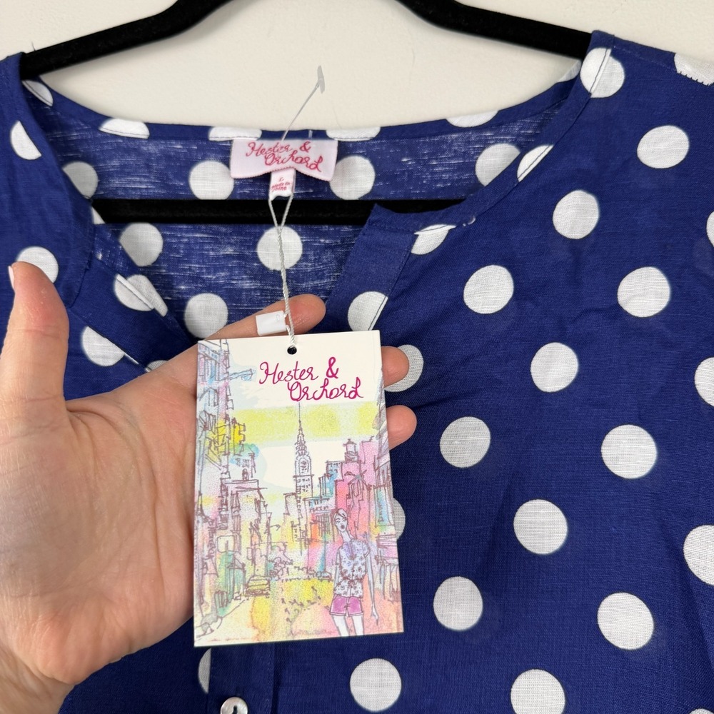 Hester & Orchard Blouse Women's Large Navy White Polka Dot 3/4 Sleeve Pullover - Picture 4 of 15